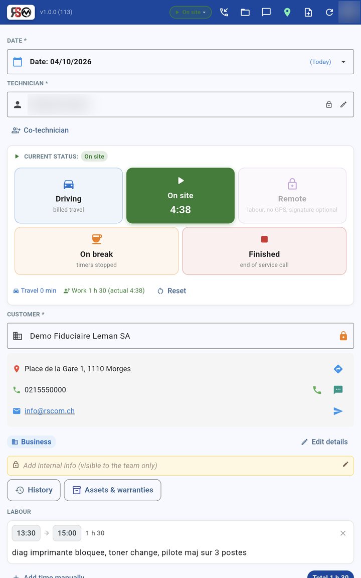 Field and office statuses, co-technician and customer card