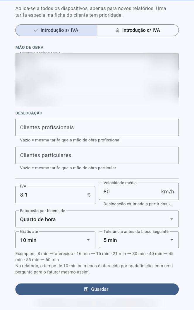 Definição de tarifas e faturação